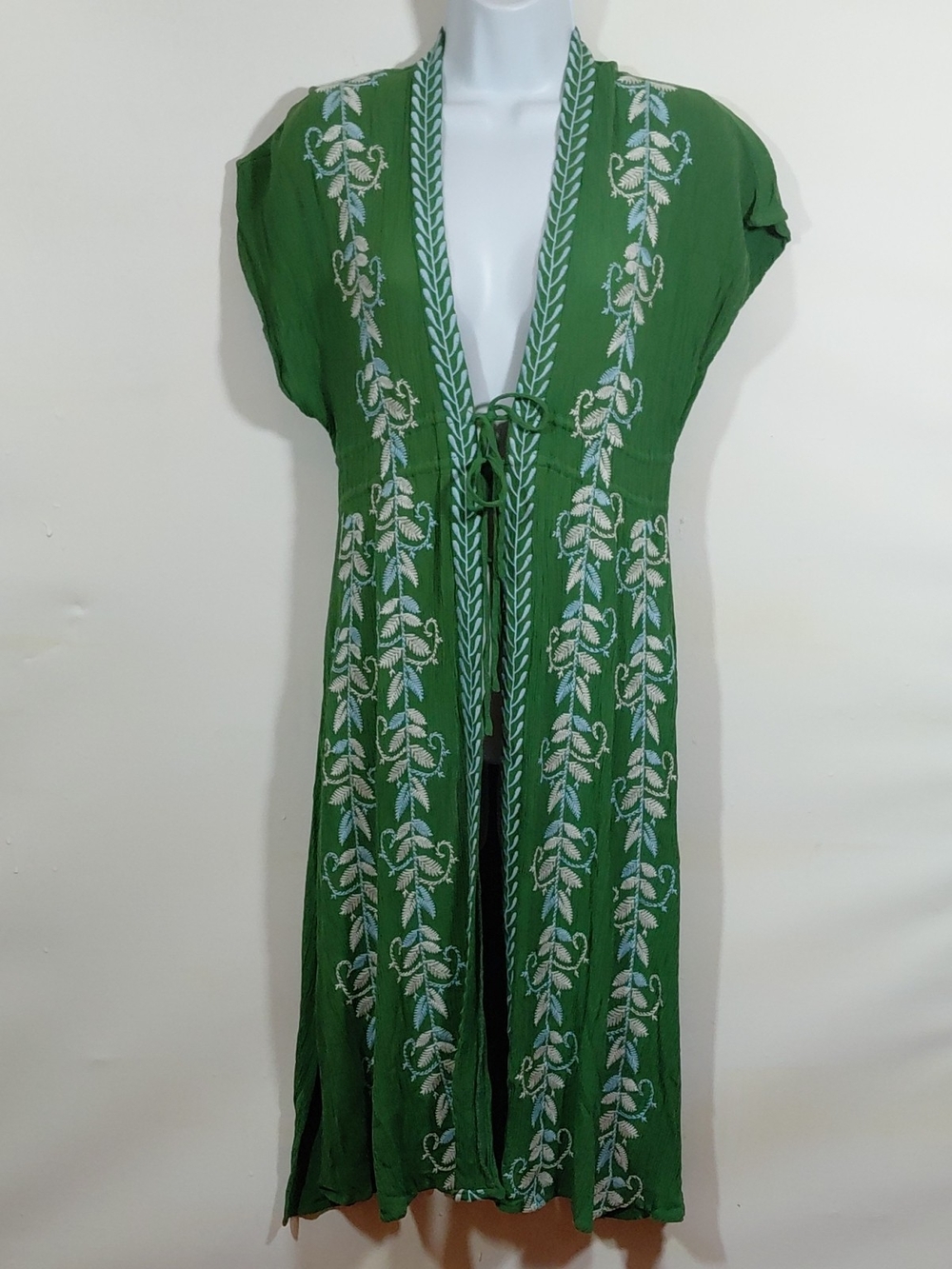 Curations Green Embroidered Gauzy Open Front Cap Sleeve Duster Chilet PXS